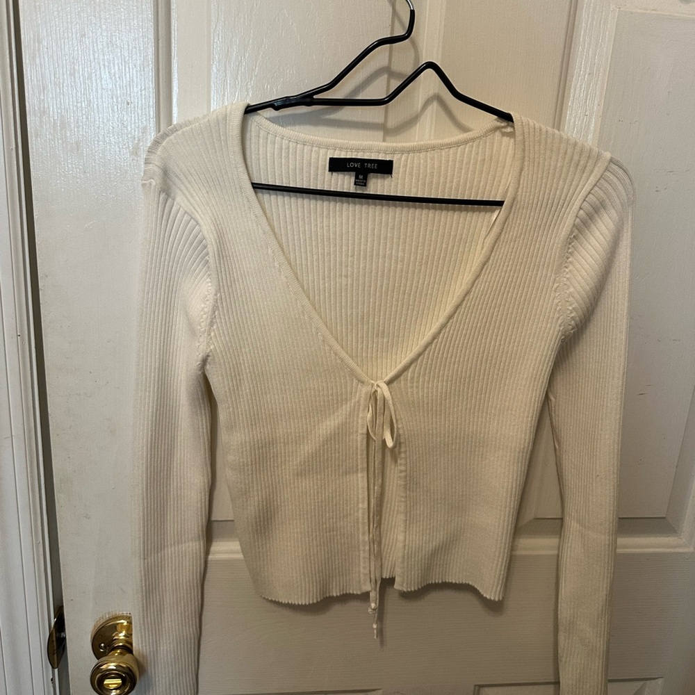Cream Ribbed Tie-Front Sweater
